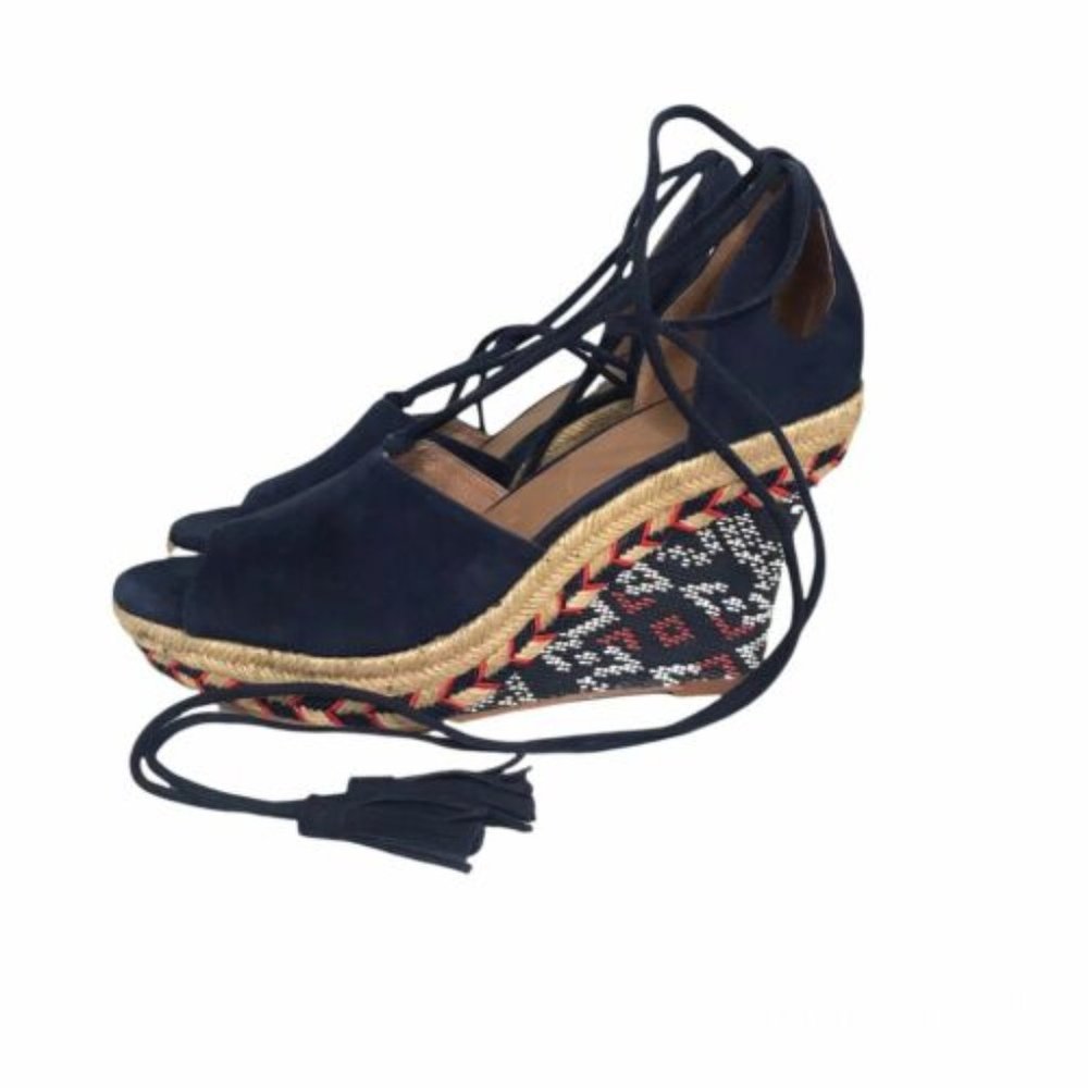 Cabi Isla Wedge Espadrille Sandal sz6M Navy Blue Suede Lace Up